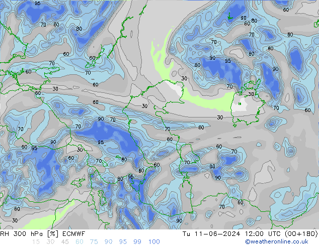 RH 300 hPa ECMWF Út 11.06.2024 12 UTC