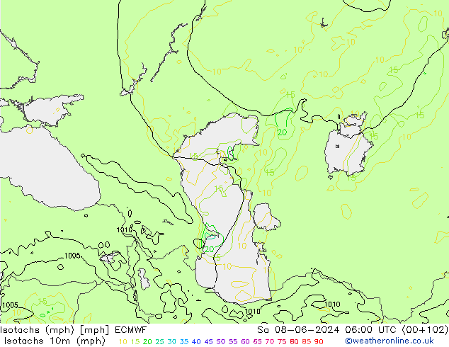 Izotacha (mph) ECMWF so. 08.06.2024 06 UTC