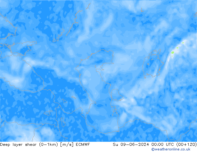 Deep layer shear (0-1km) ECMWF Ne 09.06.2024 00 UTC