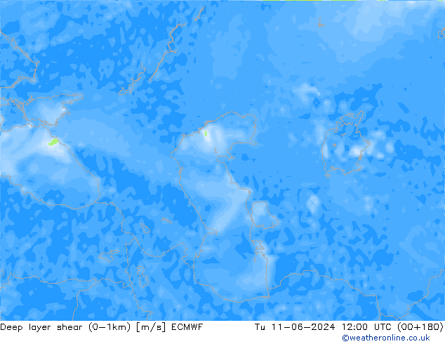 Deep layer shear (0-1km) ECMWF Tu 11.06.2024 12 UTC