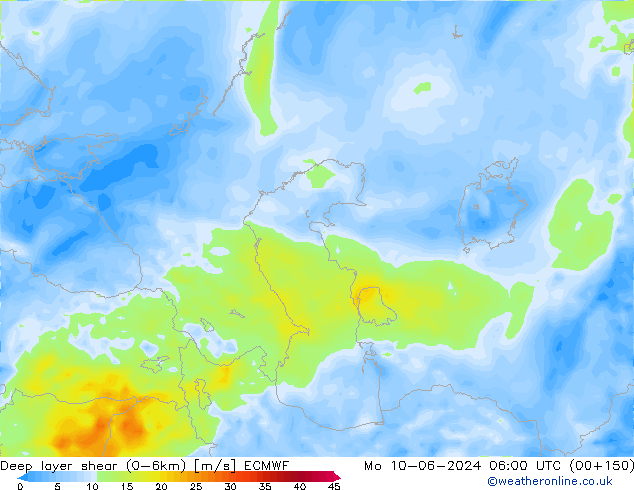 Deep layer shear (0-6km) ECMWF lun 10.06.2024 06 UTC