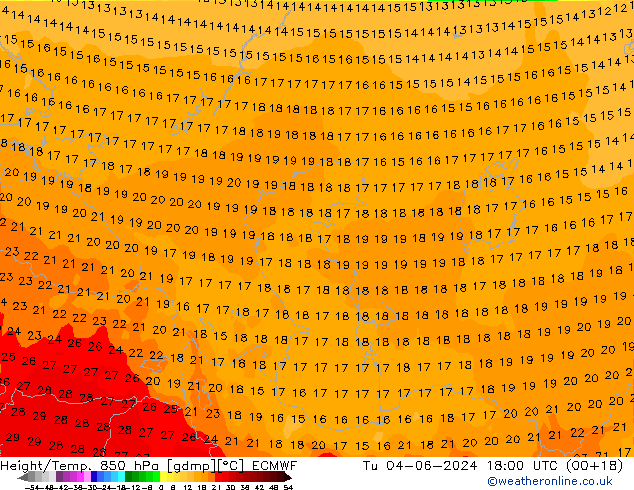 Height/Temp. 850 hPa ECMWF Út 04.06.2024 18 UTC