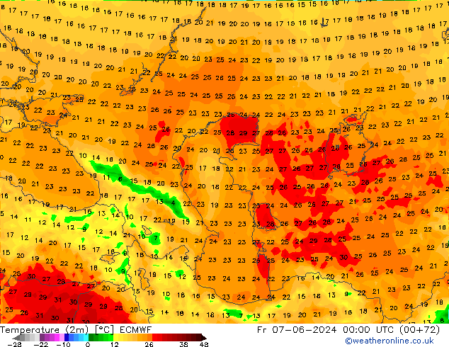 Temperature (2m) ECMWF Fr 07.06.2024 00 UTC