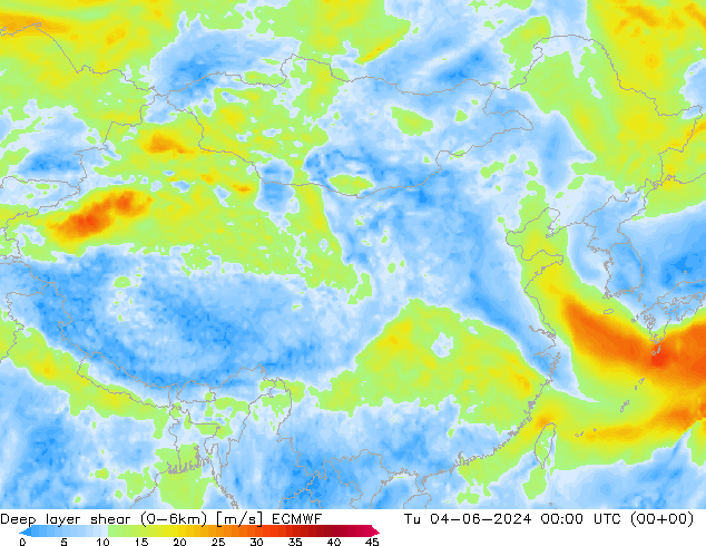 Deep layer shear (0-6km) ECMWF Tu 04.06.2024 00 UTC