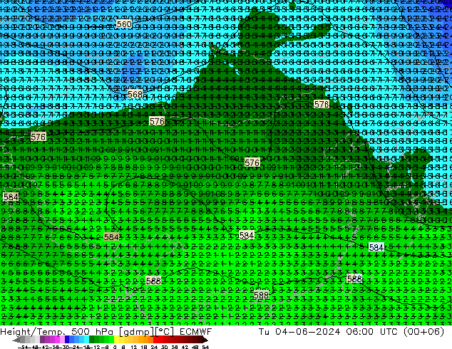 Z500/Rain (+SLP)/Z850 ECMWF 星期二 04.06.2024 06 UTC