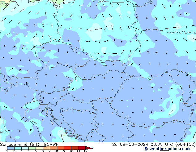 ве�Bе�@ 10 m (bft) ECMWF сб 08.06.2024 06 UTC