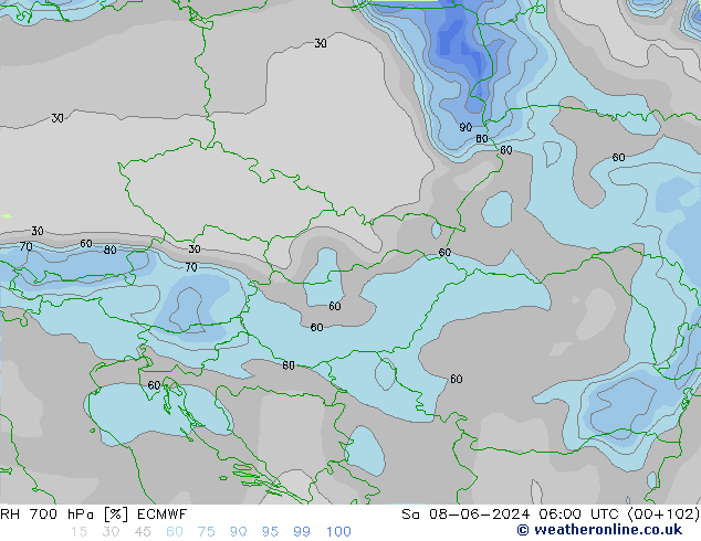 RH 700 hPa ECMWF so. 08.06.2024 06 UTC