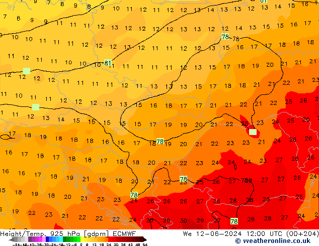 Height/Temp. 925 hPa ECMWF St 12.06.2024 12 UTC