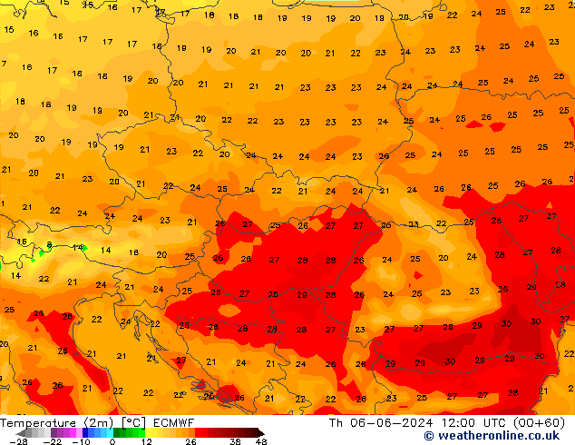 Temperatura (2m) ECMWF jue 06.06.2024 12 UTC