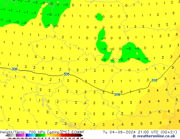 Géop./Temp. 700 hPa ECMWF mar 04.06.2024 21 UTC