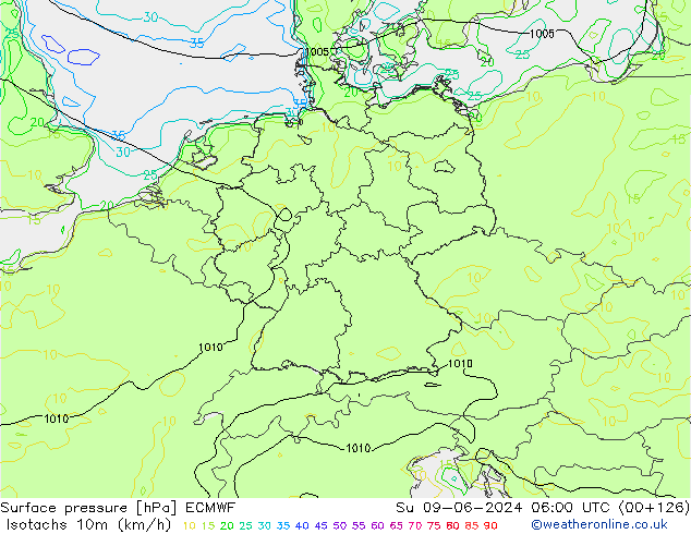 Isotachen (km/h) ECMWF So 09.06.2024 06 UTC