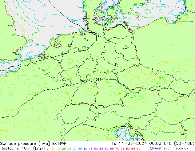 Isotachs (kph) ECMWF Tu 11.06.2024 00 UTC