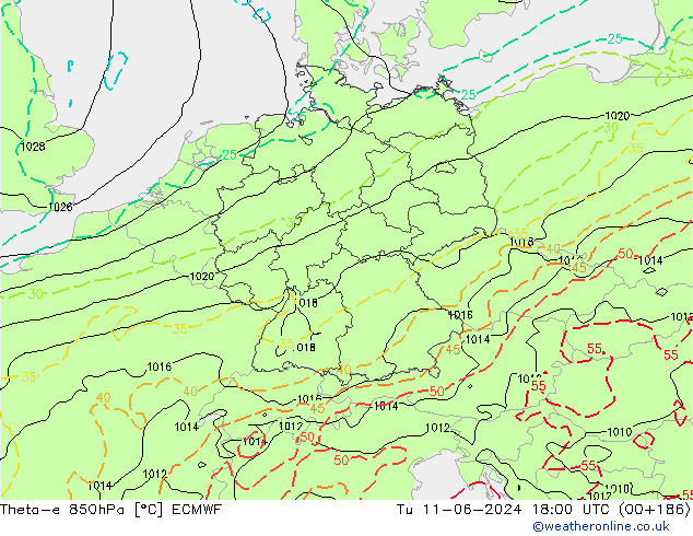 Theta-e 850hPa ECMWF 星期二 11.06.2024 18 UTC