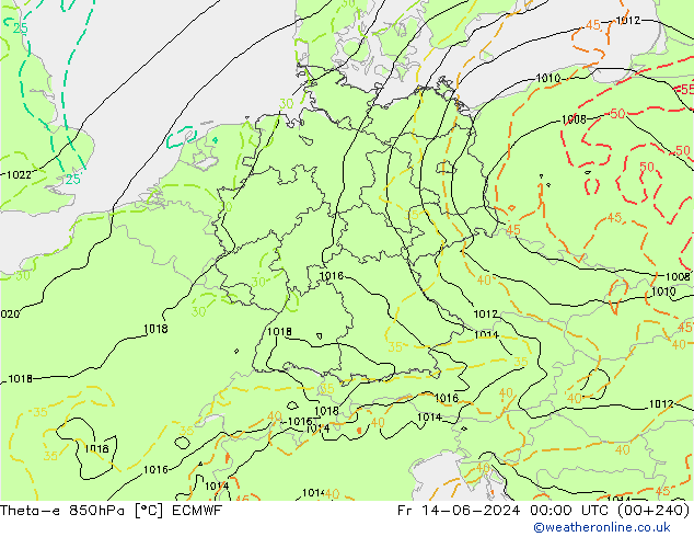 Theta-e 850hPa ECMWF Pá 14.06.2024 00 UTC