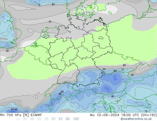 RH 700 hPa ECMWF lun 10.06.2024 18 UTC