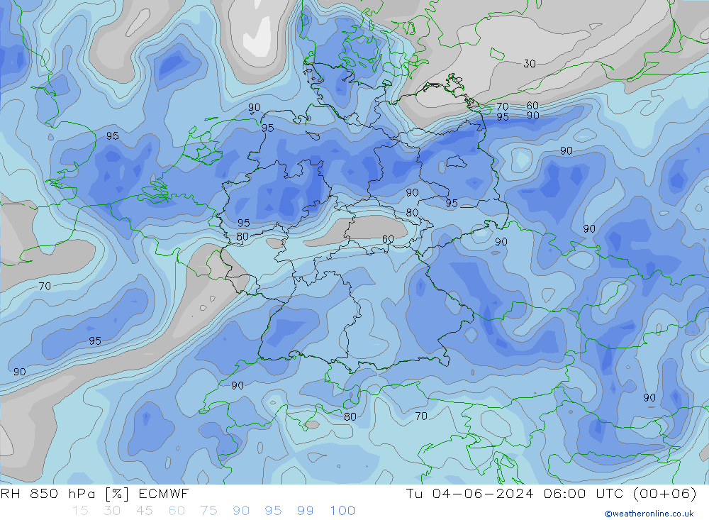 RH 850 hPa ECMWF Tu 04.06.2024 06 UTC