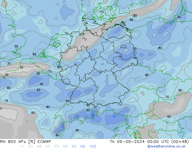 RH 850 гПа ECMWF чт 06.06.2024 00 UTC