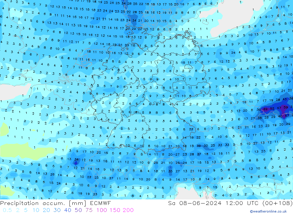 Precipitation accum. ECMWF Sáb 08.06.2024 12 UTC