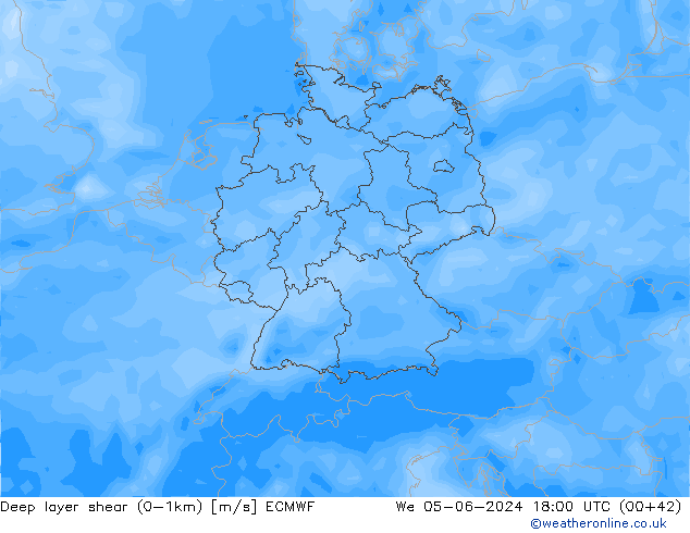 Deep layer shear (0-1km) ECMWF We 05.06.2024 18 UTC