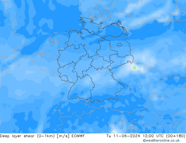 Deep layer shear (0-1km) ECMWF Út 11.06.2024 12 UTC