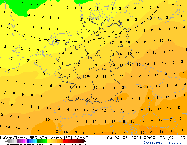 Height/Temp. 850 hPa ECMWF Dom 09.06.2024 00 UTC