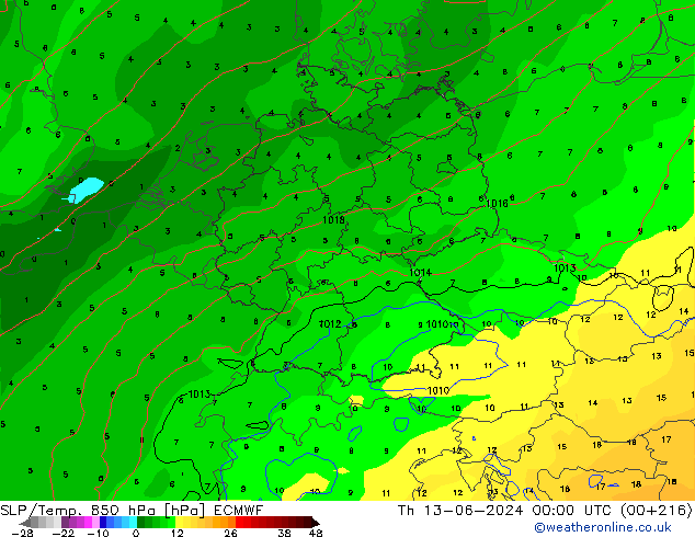 SLP/Temp. 850 hPa ECMWF Čt 13.06.2024 00 UTC