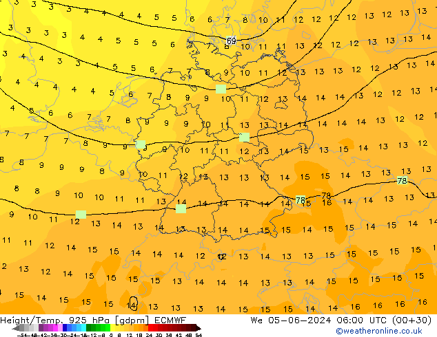 Height/Temp. 925 hPa ECMWF We 05.06.2024 06 UTC