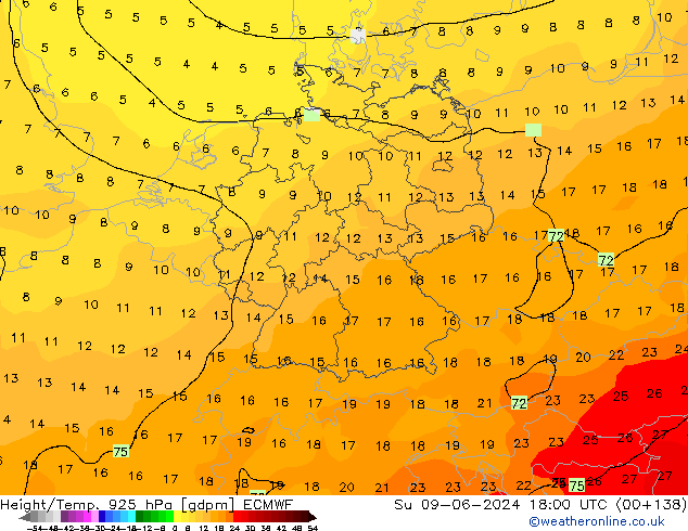 Height/Temp. 925 hPa ECMWF Su 09.06.2024 18 UTC