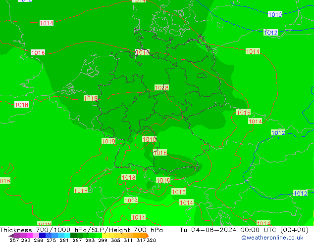 Thck 700-1000 hPa ECMWF 星期二 04.06.2024 00 UTC