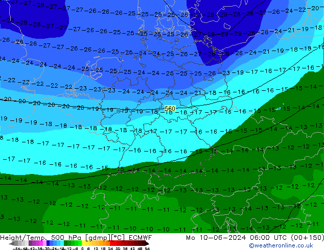 Height/Temp. 500 гПа ECMWF пн 10.06.2024 06 UTC