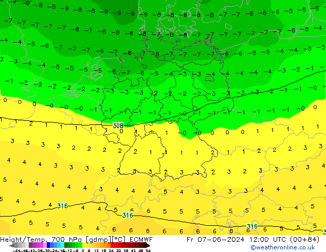 Height/Temp. 700 hPa ECMWF ven 07.06.2024 12 UTC