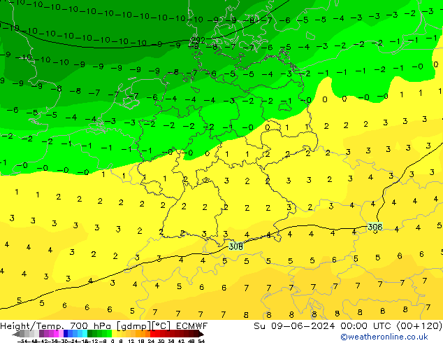 Height/Temp. 700 hPa ECMWF dom 09.06.2024 00 UTC