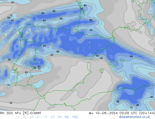 RH 300 hPa ECMWF Mo 10.06.2024 00 UTC