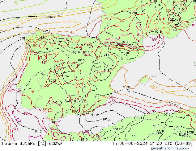 Theta-e 850hPa ECMWF Čt 06.06.2024 21 UTC