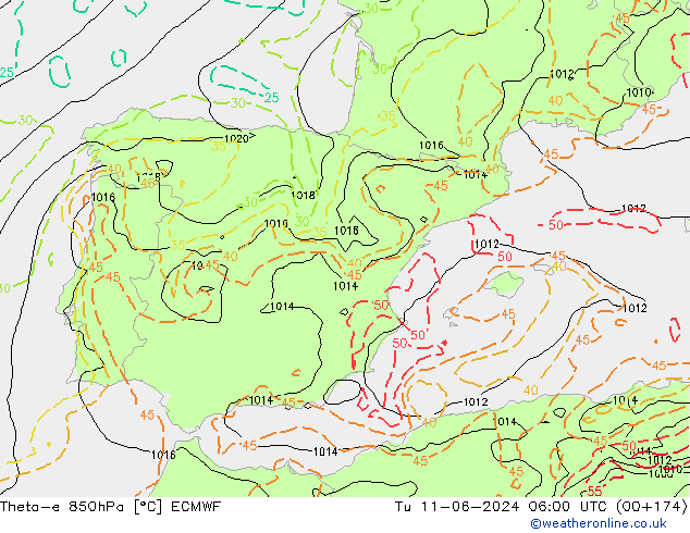 Theta-e 850hPa ECMWF Tu 11.06.2024 06 UTC