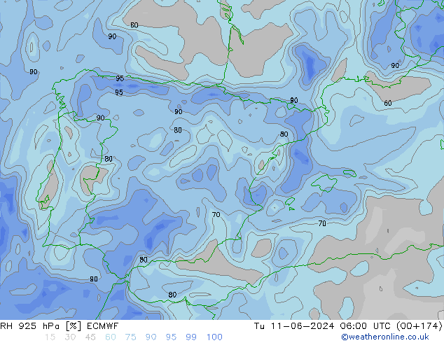 RH 925 hPa ECMWF mar 11.06.2024 06 UTC