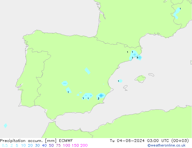 Precipitation accum. ECMWF Út 04.06.2024 03 UTC