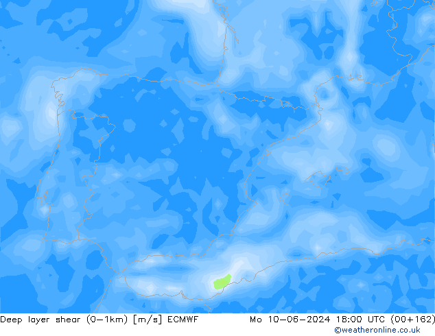 Deep layer shear (0-1km) ECMWF Po 10.06.2024 18 UTC