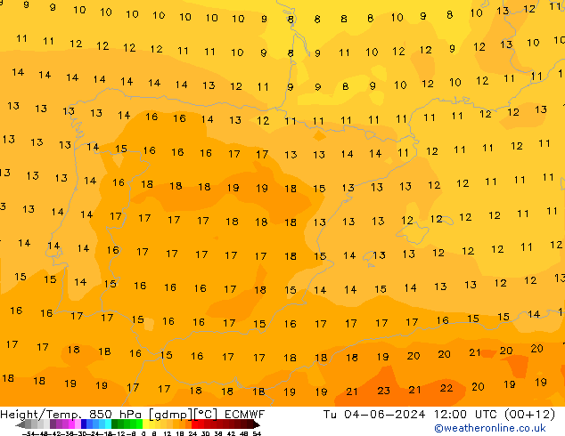 Height/Temp. 850 hPa ECMWF Tu 04.06.2024 12 UTC