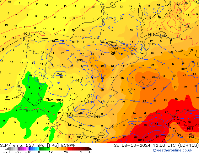 850 hPa Yer Bas./Sıc ECMWF Cts 08.06.2024 12 UTC