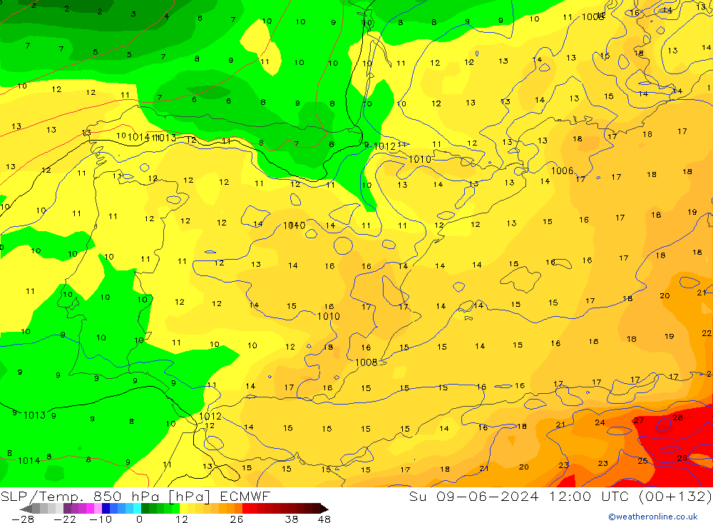 SLP/Temp. 850 hPa ECMWF Ne 09.06.2024 12 UTC