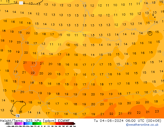 Height/Temp. 925 hPa ECMWF Út 04.06.2024 06 UTC