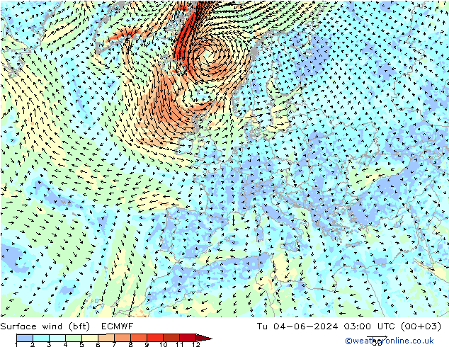 Bodenwind (bft) ECMWF Di 04.06.2024 03 UTC