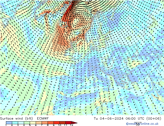 Vent 10 m (bft) ECMWF mar 04.06.2024 06 UTC