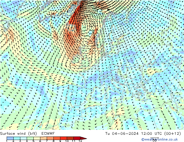 Vento 10 m (bft) ECMWF Ter 04.06.2024 12 UTC