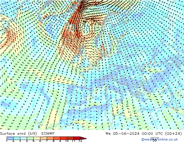 Rüzgar 10 m (bft) ECMWF Çar 05.06.2024 00 UTC