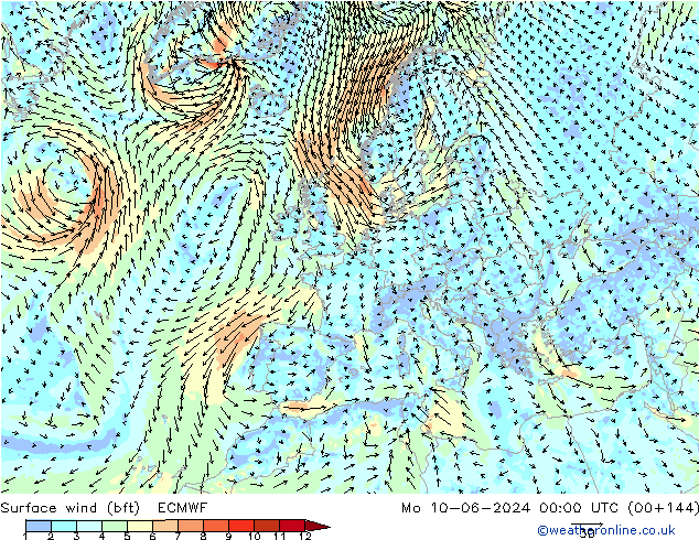 Vento 10 m (bft) ECMWF lun 10.06.2024 00 UTC