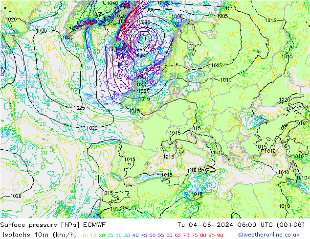 10米等风速线 (kph) ECMWF 星期二 04.06.2024 06 UTC