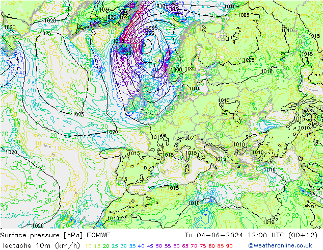 Isotachen (km/h) ECMWF di 04.06.2024 12 UTC