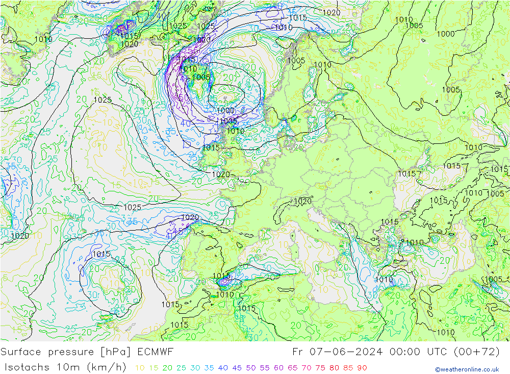 Isotachs (kph) ECMWF Pá 07.06.2024 00 UTC